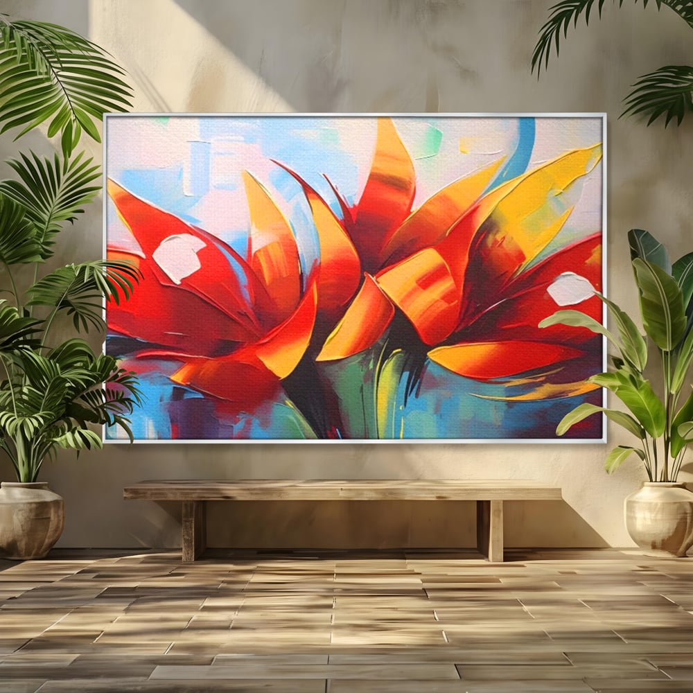 Tablou canvas cu pictura abstracta cu flori portocalii, in rama de aluminiu argintiu
